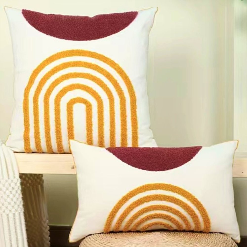 20"x12" Rust Mustard Gold Boho Modern Tufted Embroidered Throw Pillow Cover New